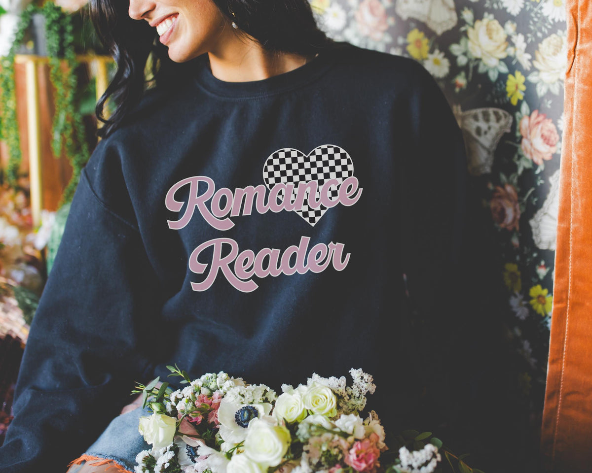 Romance Reader Sweatshirt with Checkered Heart Cute 90s Aesthetic Book Lover Gift Idea for Bookworm or Librarian Who Loves Romance Novels Sweatshirt – Feel-Good Design · Top Pick For Any Outfit