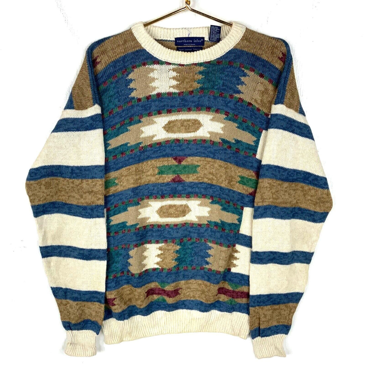Vintage Hand Loomed Knit Sweater Size Medium Beige Aztec Western Striped 90s Graphic Tee – Warm & Stylish · Must-Have Style