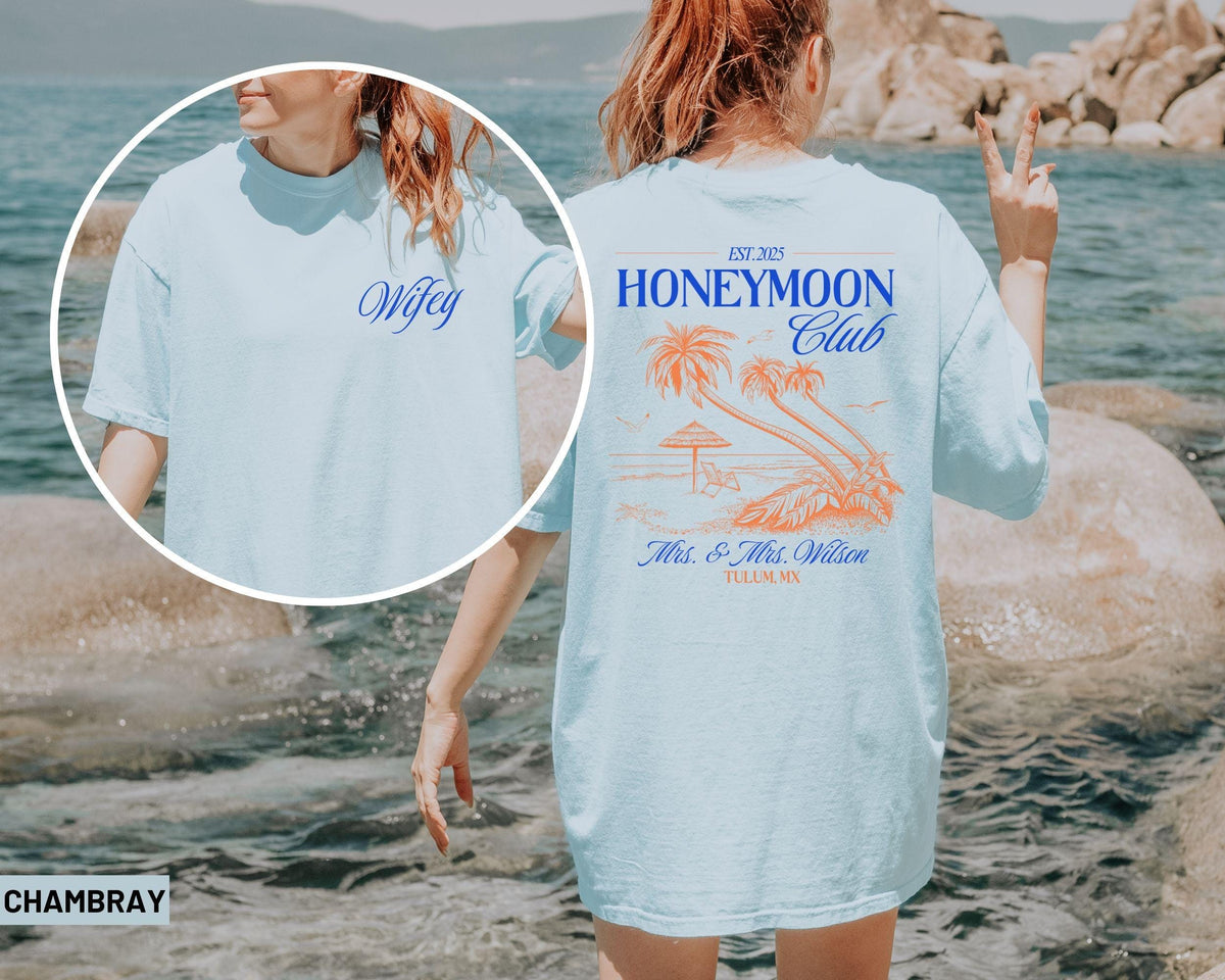 Custom Honeymoon Shirts Personalized Just Married TShirt Matching Couples Tee Custom location His and Hers Newlywed Gift Graphic Tee – Aesthetic Look · High-Quality Print