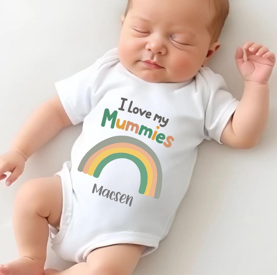 I Love My Mummies New Baby Gift Personalized Baby Grow Custom Name Newborn Gift New Baby Announcement Pride IVF Baby Rainbow 1108 Graphic Tee – Easygoing Wear · Must-Have Style