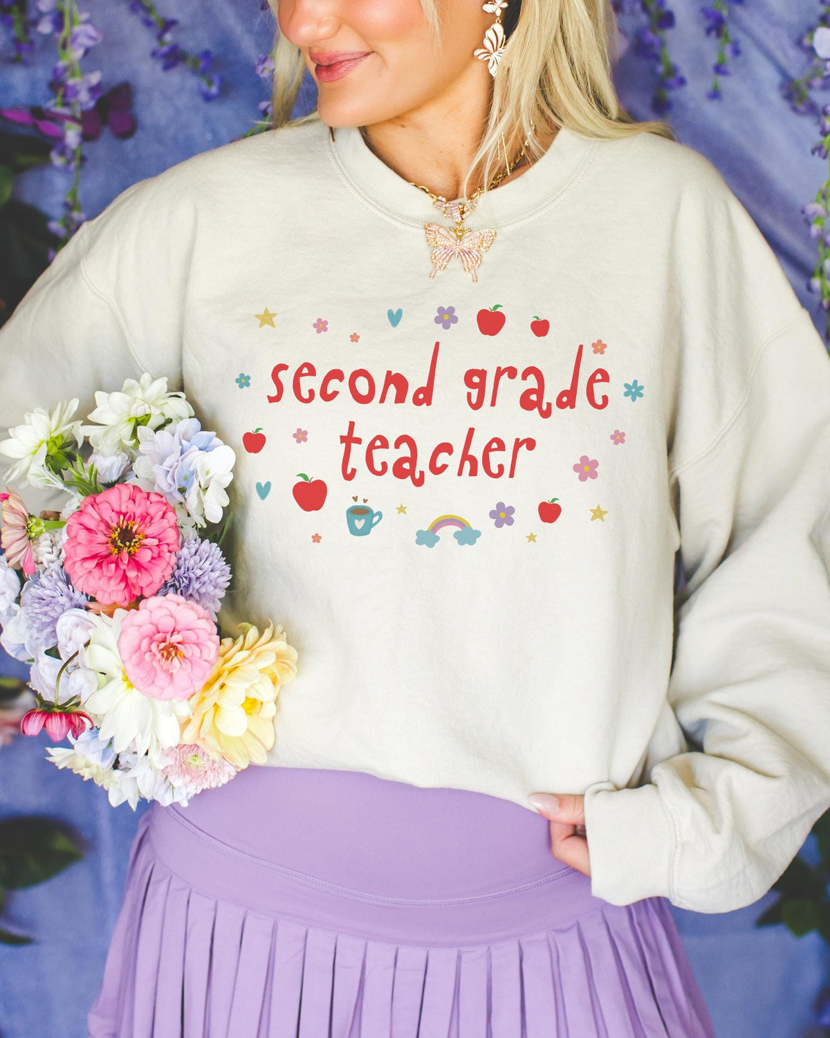 Second Grade Teacher Sweatshirt with Apples and Cute Flowers Retro Groovy Y2K Aesthetic Second Grade Crew Matching Crewneck Back to School Sweatshirt – Fan Favorite · Great Gift For Fans