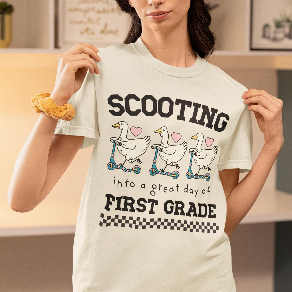 First Grade Teacher Tee Shirt for Teacher Who Loves Silly Geese Funny Saying Animal Lover First Grade Crew Tee with Hearts Teaching Major Graphic Tee – Aesthetic Look · High-Quality Print