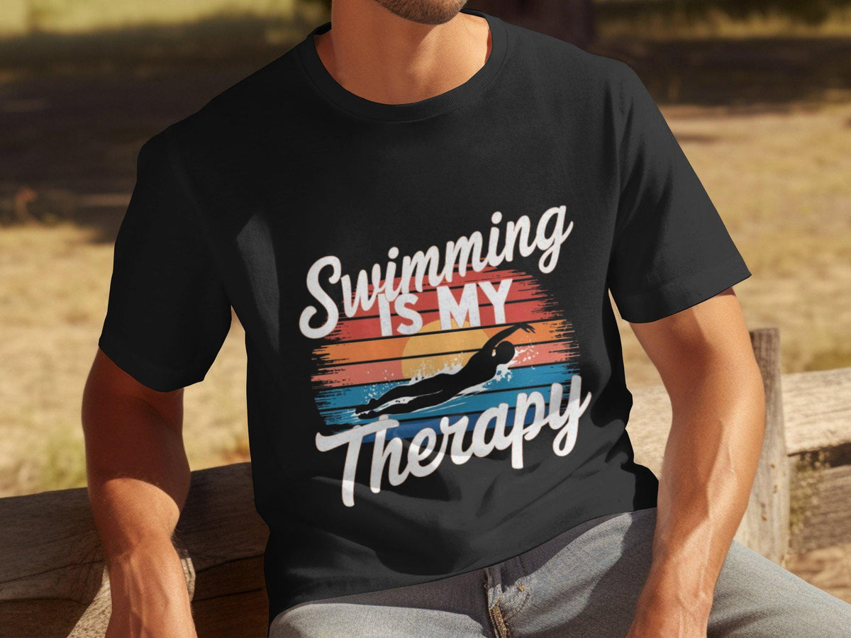 Swimming Is My Therapy T Shirt Funny Mens Tee Swimming Gift Idea Retro Sunset Graphic Shirt Swimmers Therapy Tshirt Unisex Tee Graphic Tee – Feel-Good Design · Perfect For Daily Wear