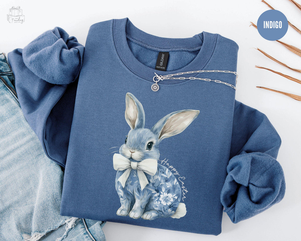 Happy Easter Coquette Bunny Sweatshirt Toile Easter Shirt Lace Bunny Bow Easter Sweater Chinoiserie Crewneck Rabbit Lover Gift Sweatshirt – Fan Favorite · Trending Graphic Apparel