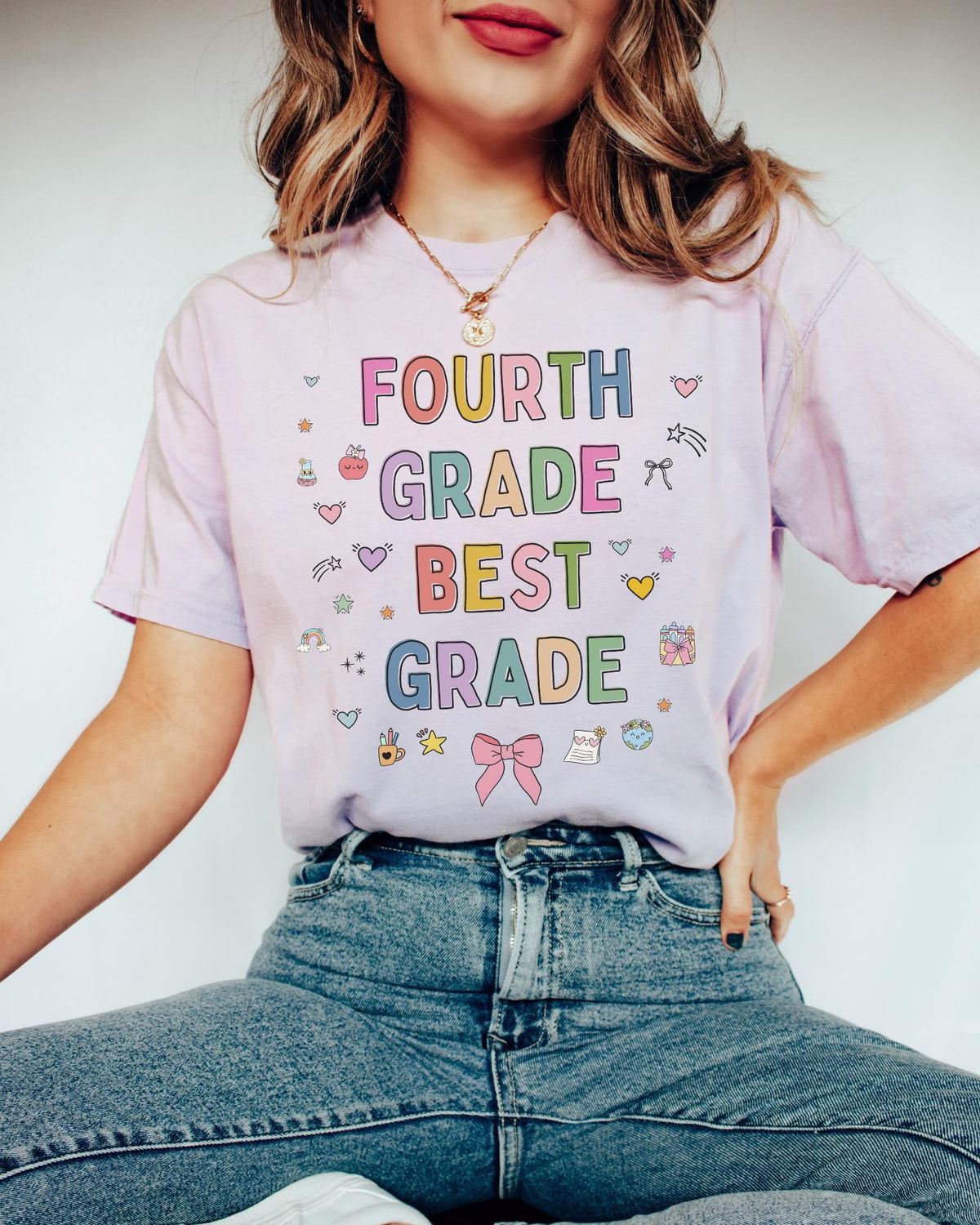 Fourth Grade Teacher Tee Shirt with Cute 90s Aesthetic Doodles Colorful Matching Teacher TShirt for Fourth Grade Crew New Teacher Present Graphic Tee – Soft Feel · Trending Graphic Apparel