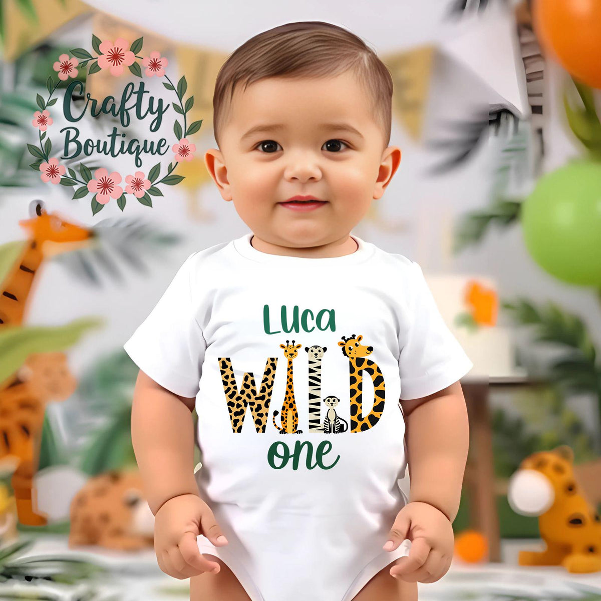 Wild One 1st Birthday Cake Smash Baby Grow Vest Tee T Shirt Custom Name Personalised Gift Outfit Vest First Birthday Top Jungle Theme 1001 Graphic Tee – Feel-Good Design · High-Quality Print