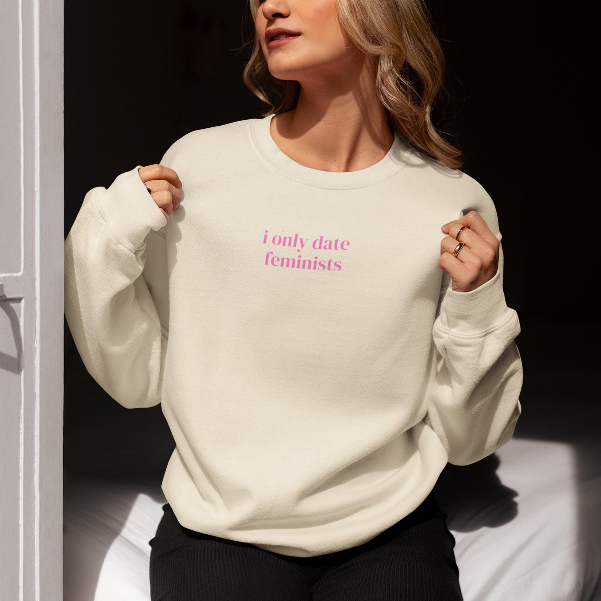Cute Feminist Sweatshirt with Minimalist Pink Aesthetic I Only Date Feminists Equal Rights Shirt with Funny Saying Silly Birthday Gift Sweatshirt – Aesthetic Look · High-Quality Print