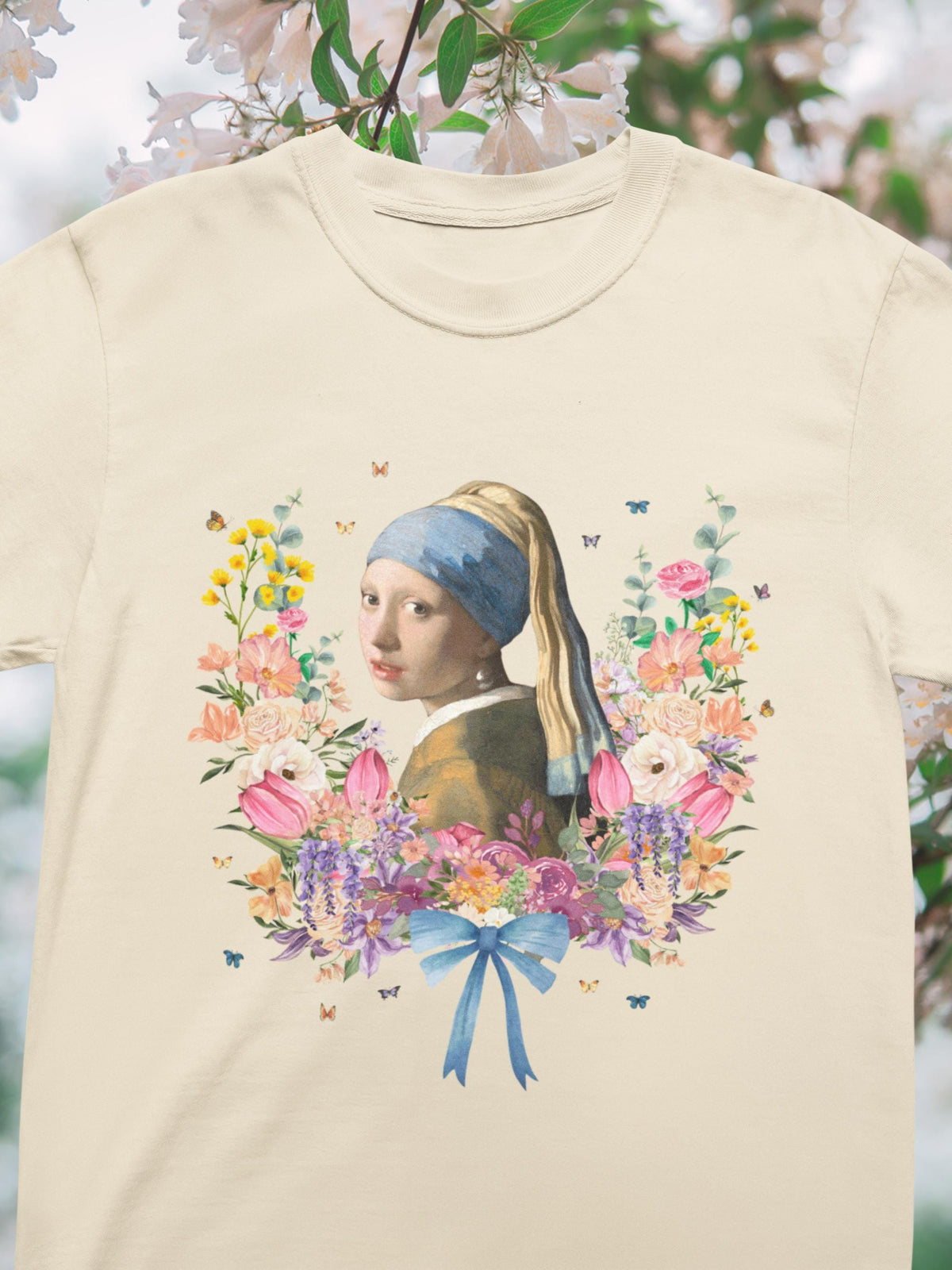 Girl with a Pearl Earring by Johannes Vermeer Floral Collage with Butterflies Boho Art History Tee Shirt Famous Painting Goblincore Tee Graphic Tee – Everyday Comfort · Trending Graphic Apparel