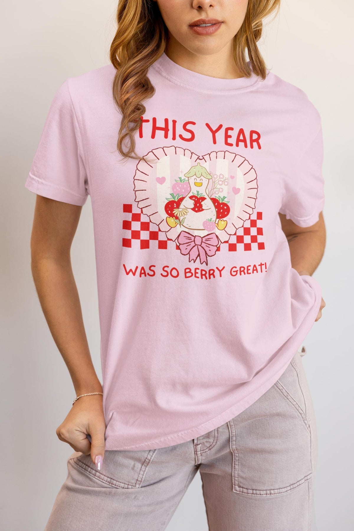 Last Day of School Teacher or Front Office Staff Tee Shirt with Silly Goose Holding Strawberries in Heart School Librarian Class Dismissed Graphic Tee – Bold Style · Perfect For Daily Wear