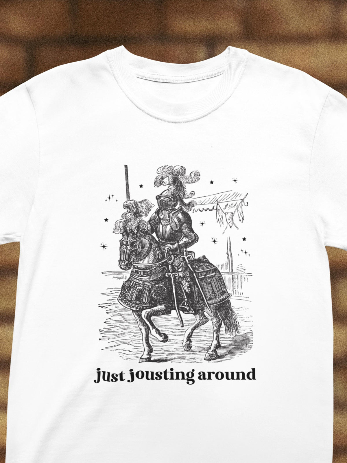 Medieval History Tee Shirt with Funny Saying Just Jousting Around Silly Goblincore TShirt with Stars and a Knight in Armor History Gift Graphic Tee – Aesthetic Look · Trending Graphic Apparel