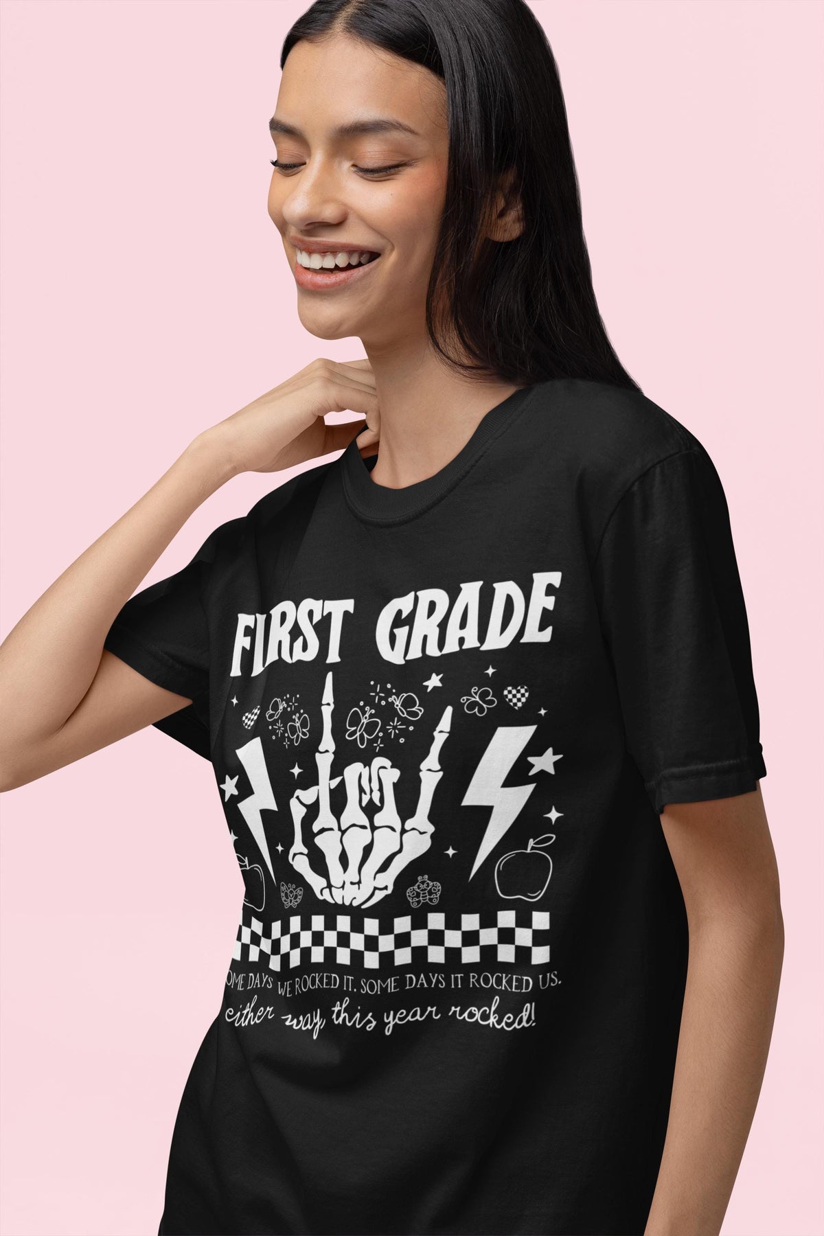 Last Day of School First Grade Shirt This Year Rocked Cute Rocker Skeleton Shirt First Grade Crew Teaching Assistant Class Dismissed Tee Graphic Tee – Fan Favorite · High-Quality Print