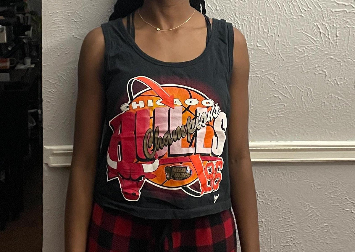 Vintage 80s Chicago Bulls Basketball 1996 NBA Finals black t shirt TankTop modeled size M Tank Top – Warm & Stylish · Trending Graphic Apparel