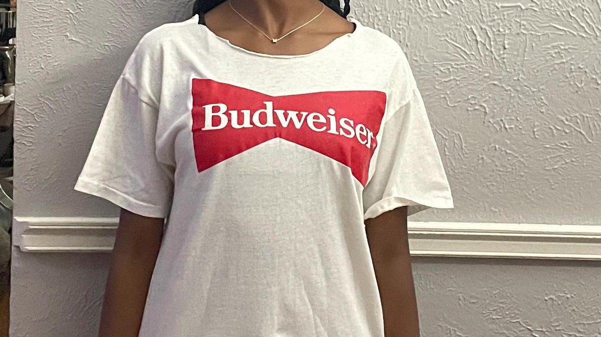 Vintage 80s Budweiser Beer white Tshirt modeled size M Graphic Tee – Cozy Vibes · Trending Graphic Apparel