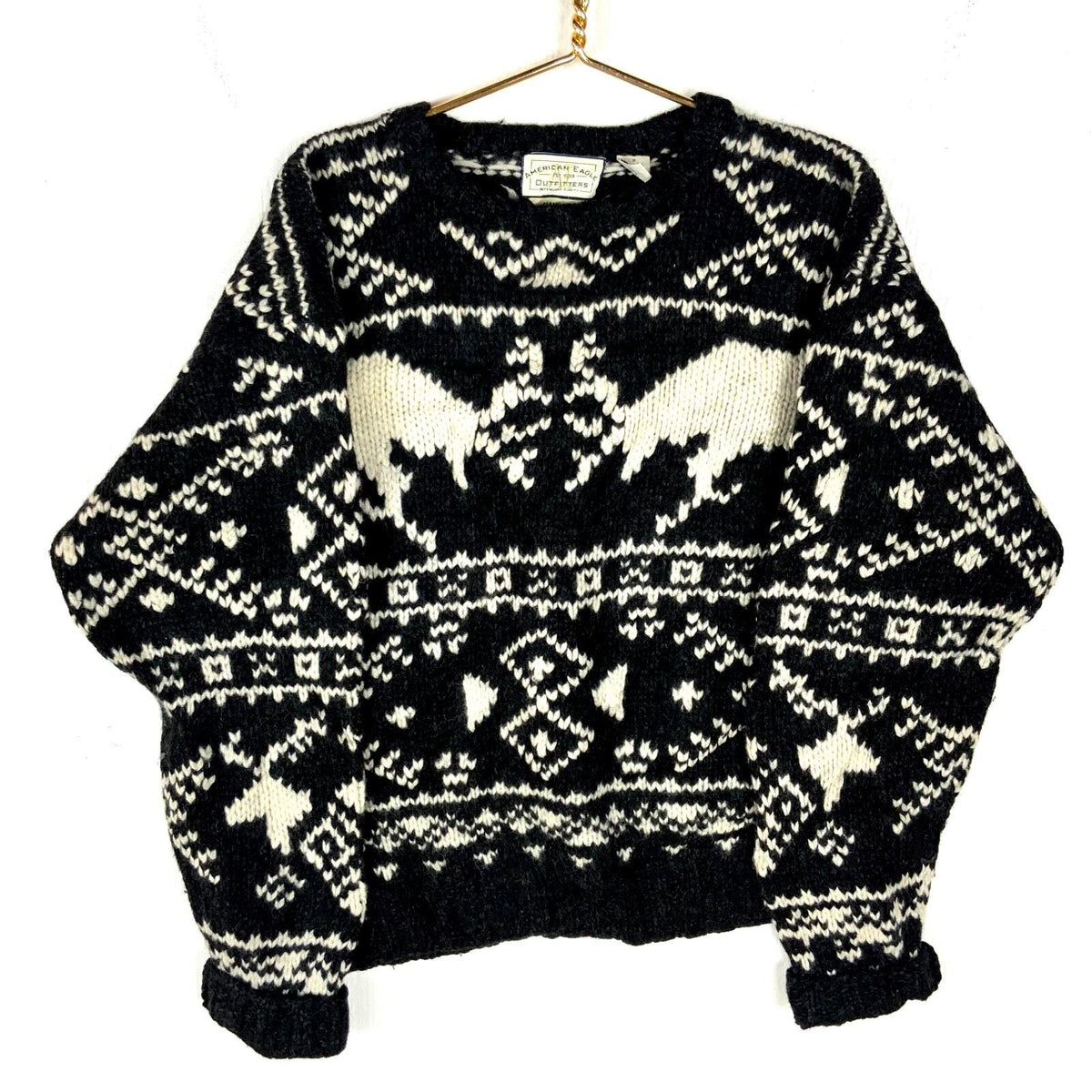 Vintage American Eagle Hand Knit Wool Sweater Medium Black Crewneck Deer 90s Graphic Tee – Feel-Good Design · Great Gift For Fans