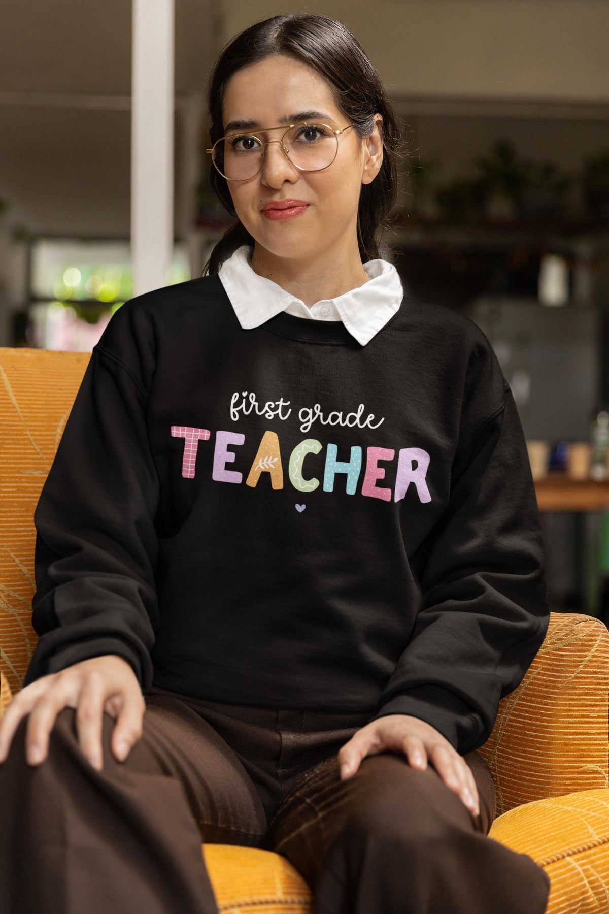 First Grade Teacher Sweatshirt First Grade Crewneck Cute First Day of School Colorful 90s Scrapbook Vibe New Teacher Congratulations Gift Sweatshirt – Bold Style · High-Quality Print