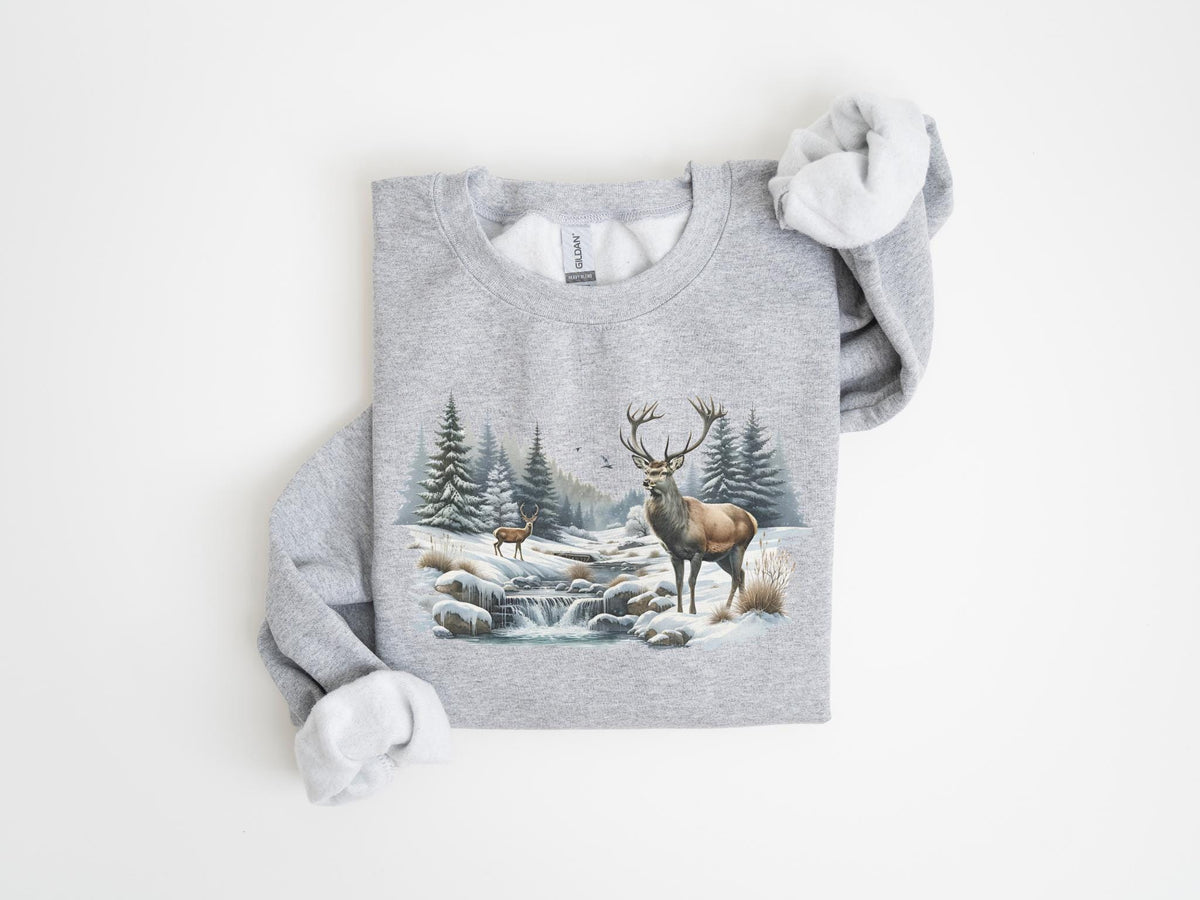 Retro Deer Wilderness Scene Sweatshirt 9039s Nineties Vintage Buck And Doe Deer Outfit Boho Unisex Crewneck Sweatshirt Sweatshirt – Feel-Good Design · Trending Graphic Apparel