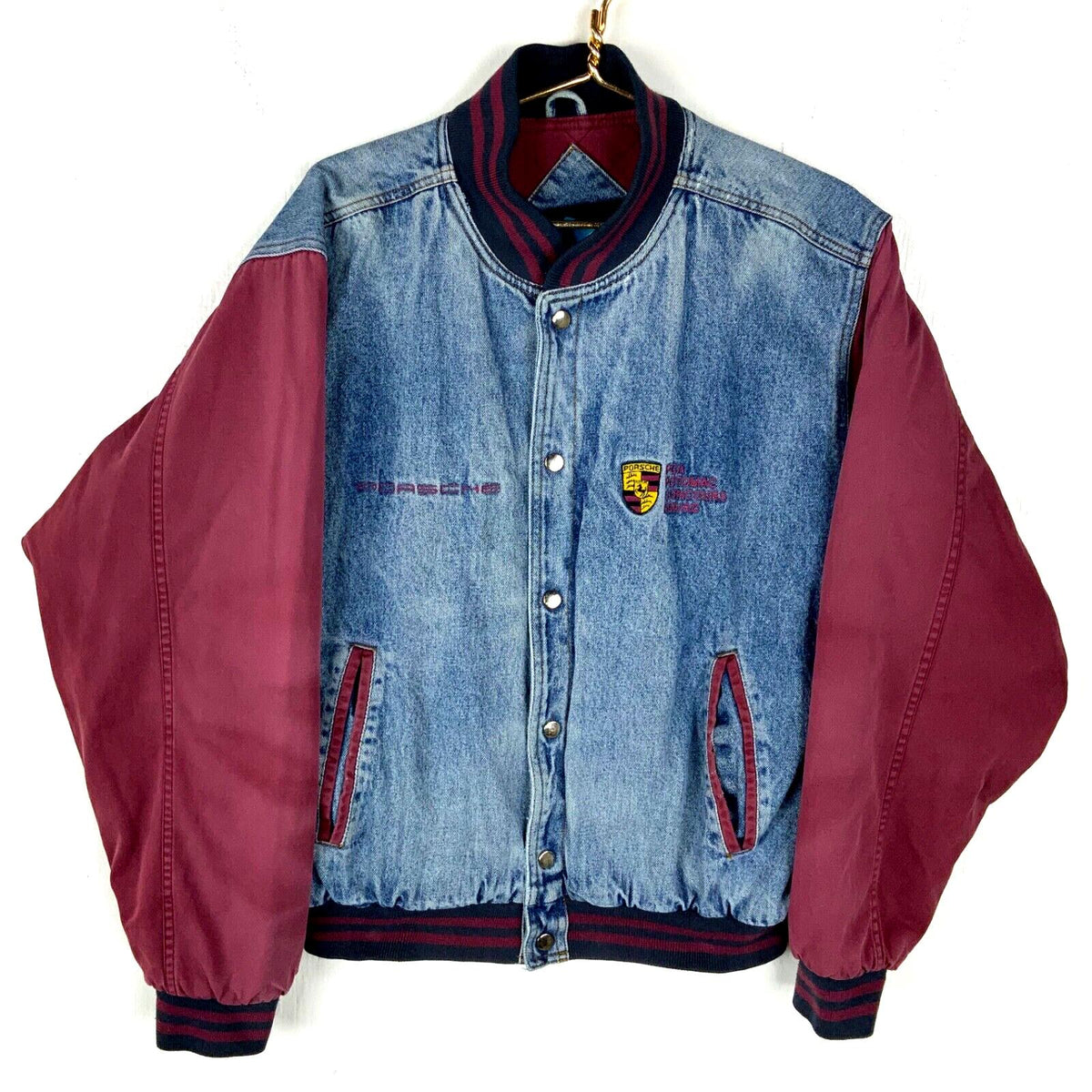 Vintage Porsche Denim Bomber Jacket Medium Blue Snap Button 1990s Graphic Tee – Premium Graphic · Great Gift For Fans