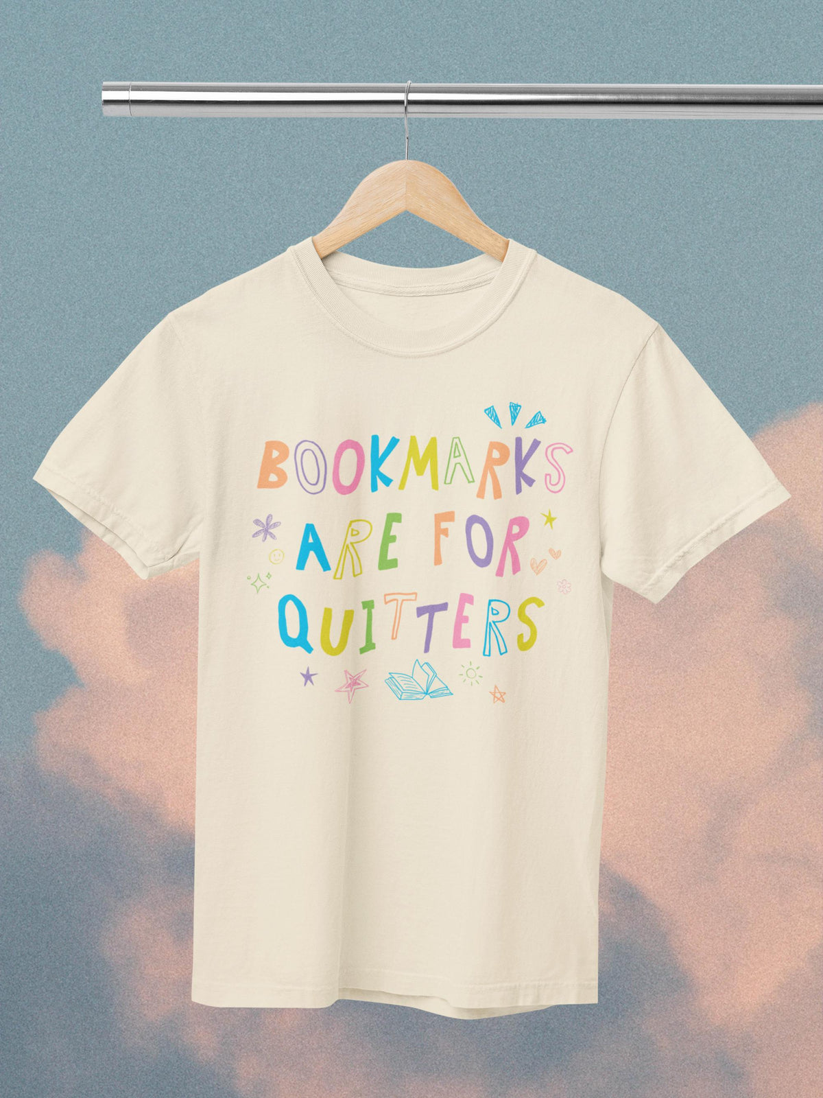 Bookmarks Are For Quitters Colorful Bookish TShirt with Stars and Cute Bookish Doodles Silly Librarian Shirt with Funny Saying Y2k Vibe Graphic Tee – Everyday Comfort · High-Quality Print