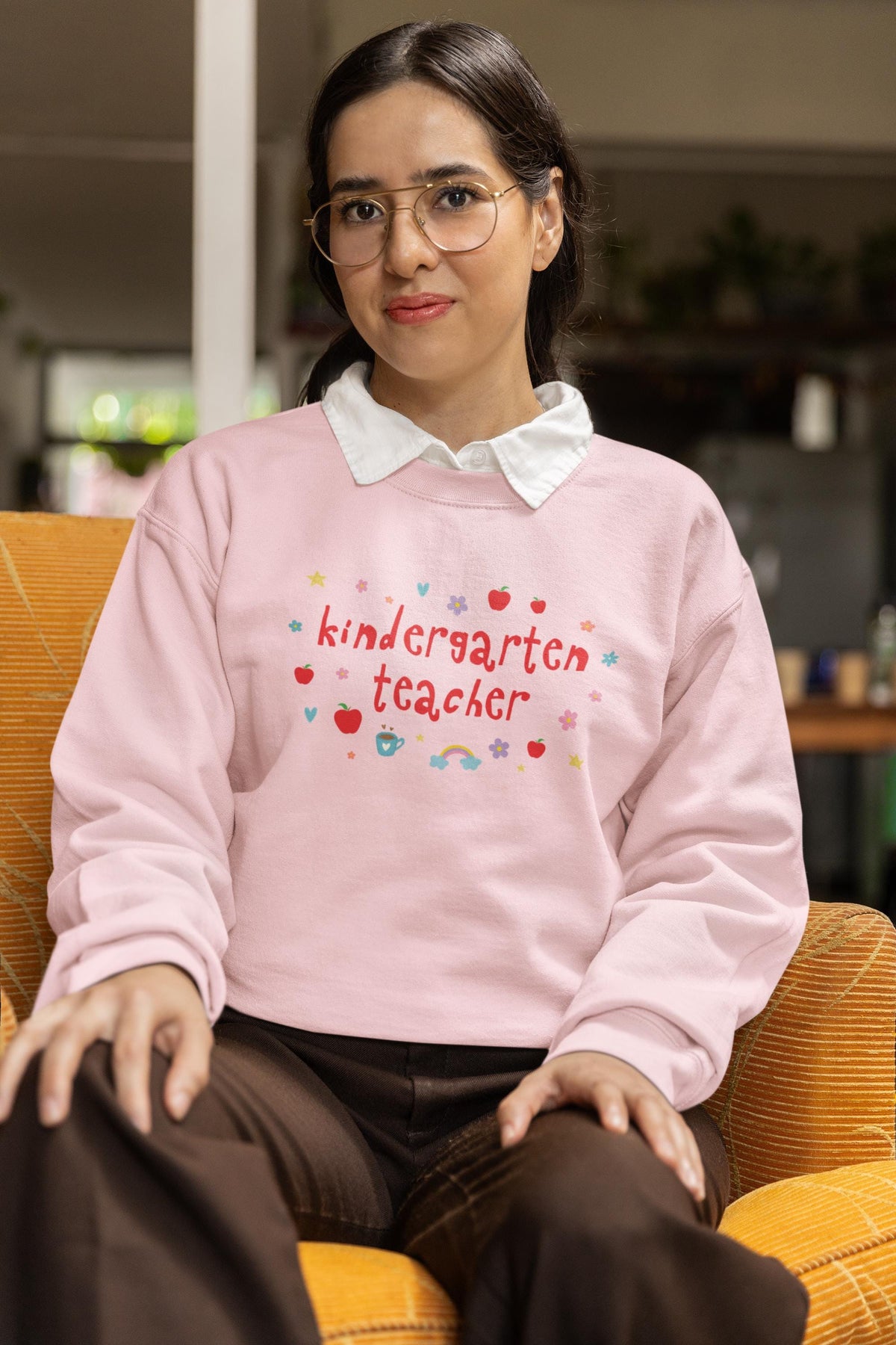 Kindergarten Teacher Sweatshirt with Apples and Cute Flowers Retro Groovy Y2K Aesthetic Kindergarten Crew Matching Shirt Back to School Sweatshirt – Feel-Good Design · Must-Have Style