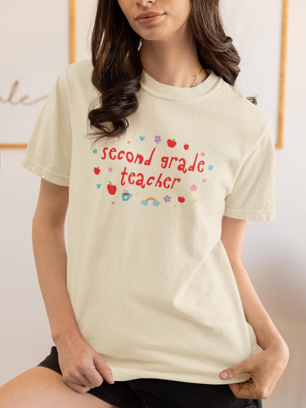 Second Grade Teacher Tee Shirt with Apples and Cute Flowers Retro Groovy Y2K Aesthetic Second Grade Crew Matching TShirt Back to School Graphic Tee – Everyday Comfort · Perfect For Daily Wear