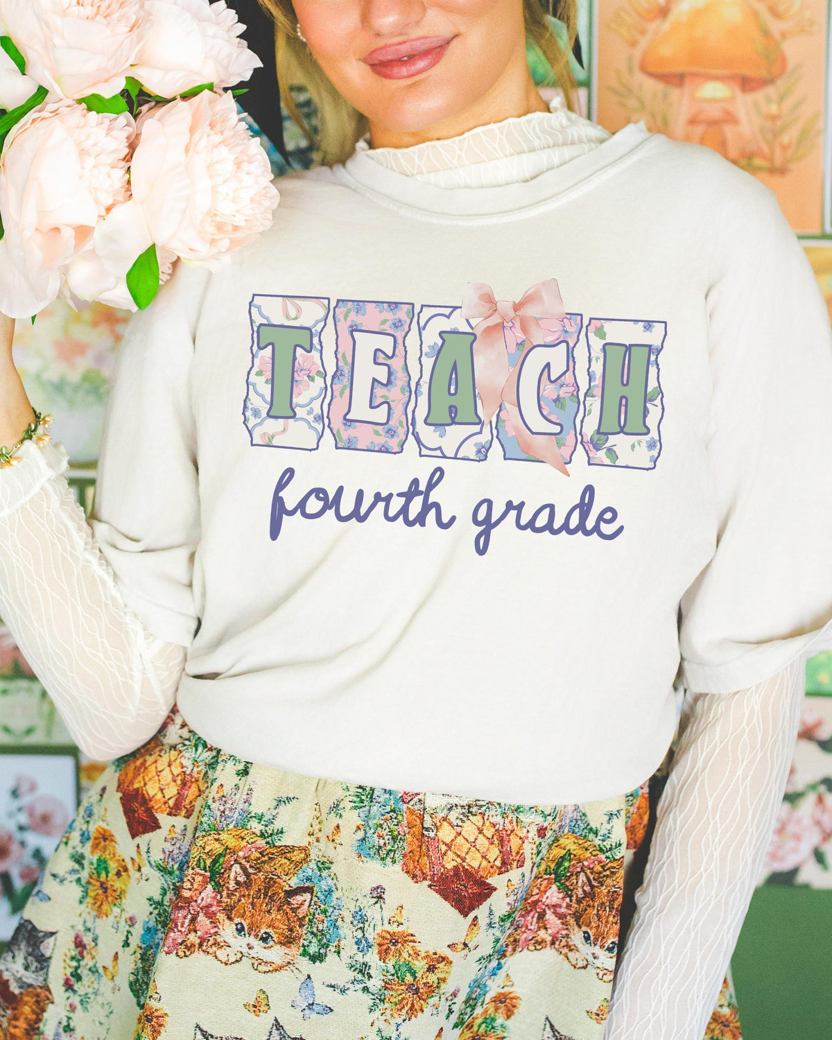 Fourth Grade Teacher Tee Shirt with Flowers Soft Girl Style Letters Teach Fourth Grade 90s Scrapbook Vibe Fourth Grade Crew Matching Tee Graphic Tee – Premium Graphic · Top Pick For Any Outfit