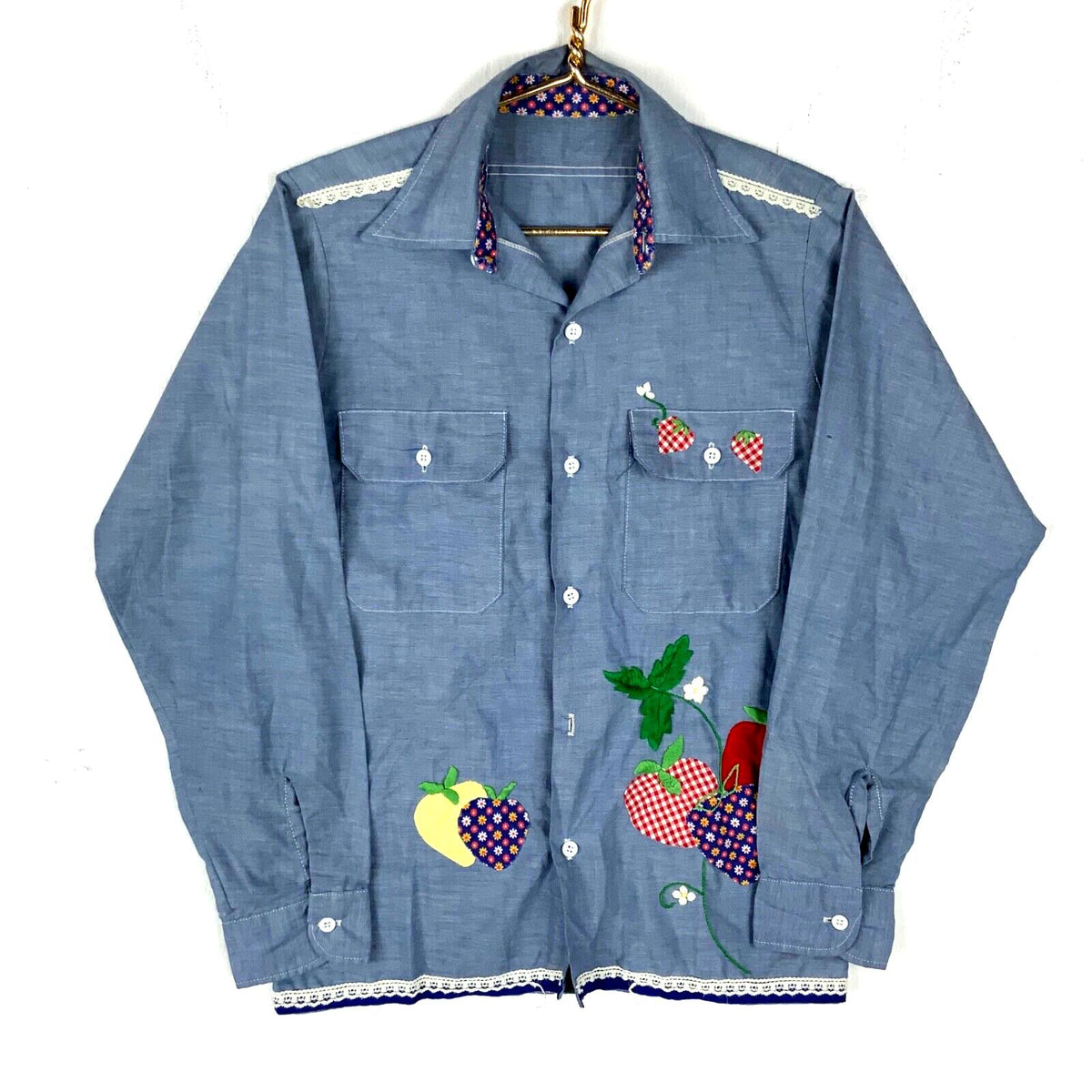 Vintage 1980s Chambray Shirt Women39s Medium Blue Button Up Embroidered Graphic Tee – Bold Style · Perfect For Daily Wear