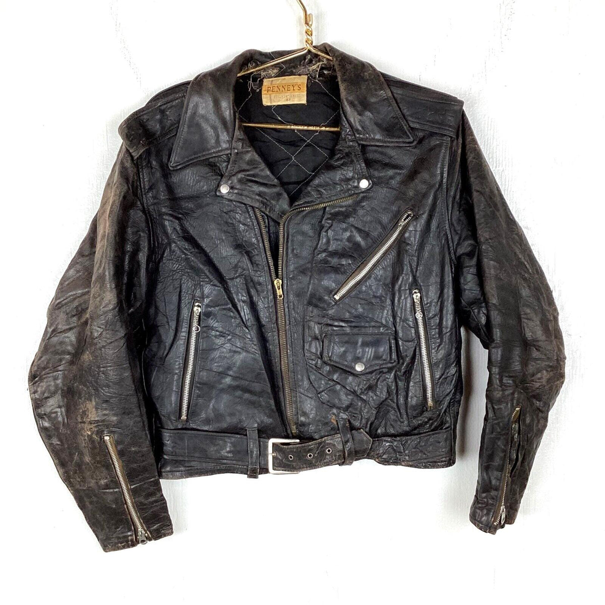 Vintage 1950s Steer hide Leather Motorcycle Jacket 42 Black Distressed Jc Penny Graphic Tee – Bold Style · Perfect For Daily Wear