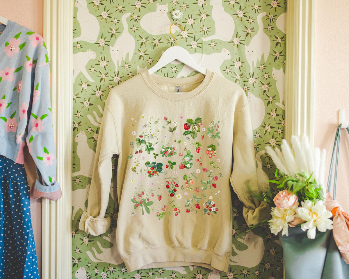 Strawberry Flower Sweatshirt Mom Who Loves Flowers Boho Gardening Gift for Mother39s Day Cute Fairycore Birthday Present Flower Gardener Sweatshirt – Premium Graphic · Must-Have Style