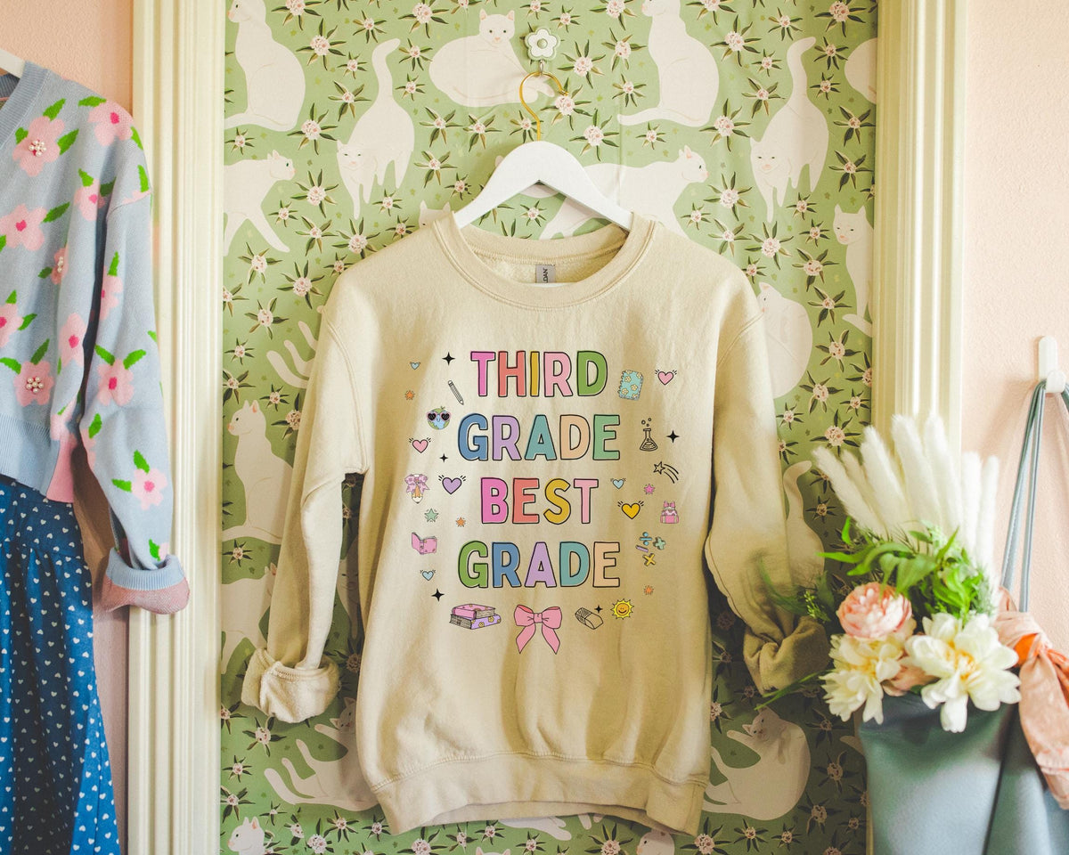 Third Grade Teacher Sweatshirt Cute 90s Aesthetic Doodles Colorful Matching Teacher Crewneck for Third Grade Crew New Teacher Present Sweatshirt – Warm & Stylish · Top Pick For Any Outfit