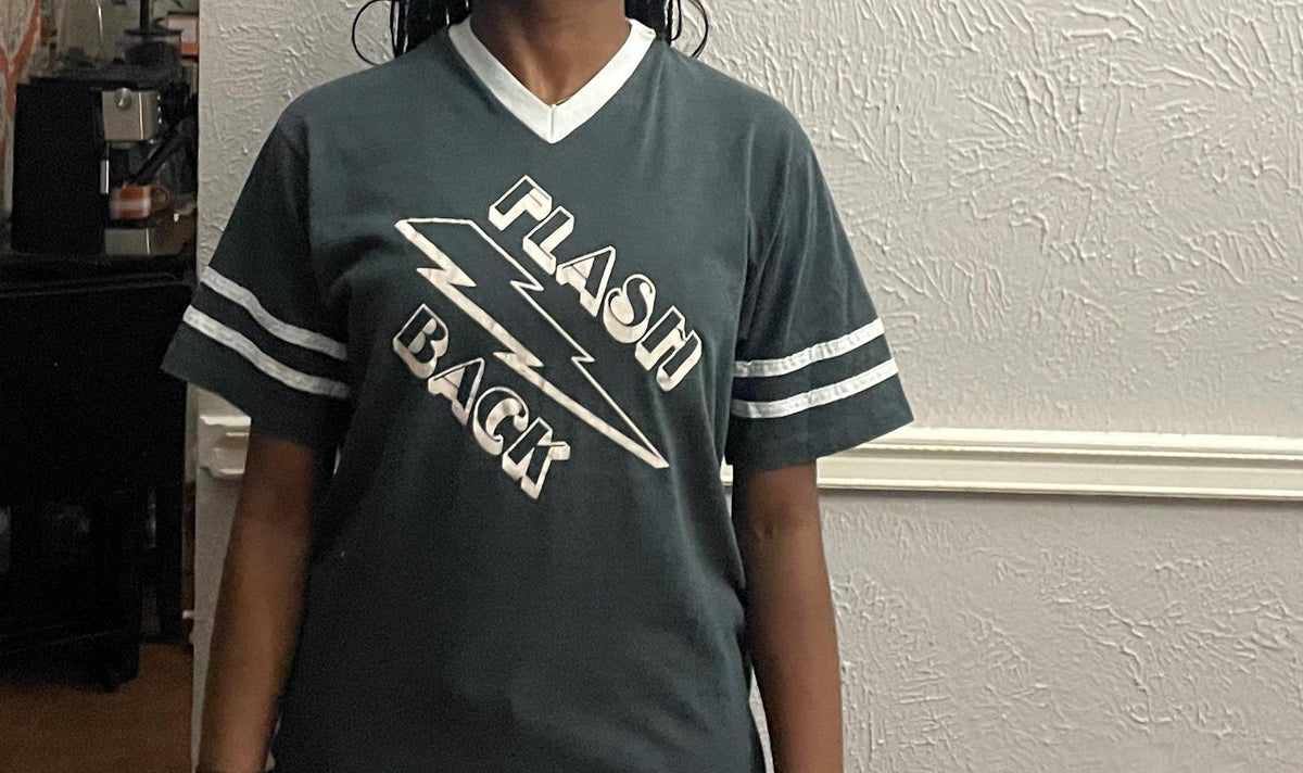 Vintage 90s Flash Back black Jersey V Neck Ringer Tshirt modeled size M Jersey – Bold Style · High-Quality Print