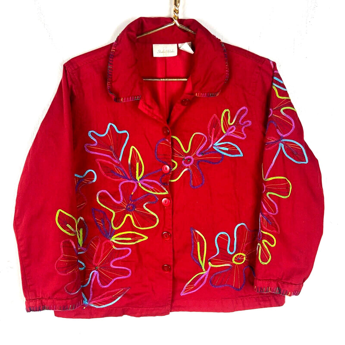 Vintage Studio Works Women39s Light Jacket Medium Red Embroidered Floral Graphic Tee – Easygoing Wear · Trending Graphic Apparel