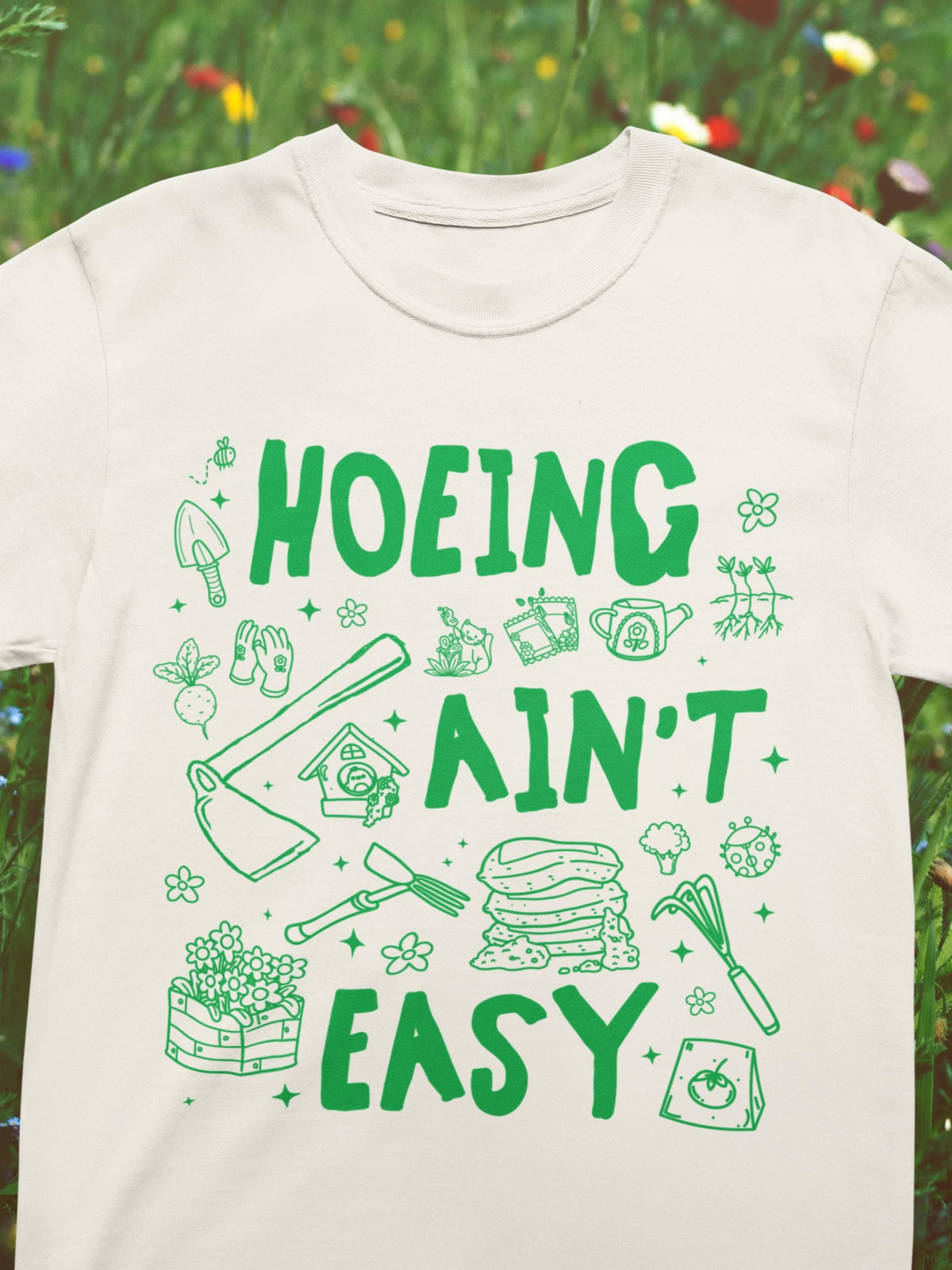 Hoeing Ain39t Easy Funny Gardening Tee Shirt for Mom Who Loves Gardening Cute Garden Lover TShirt with Stars Boho Y2K 90s Doodle Flowers Graphic Tee – Warm & Stylish · High-Quality Print