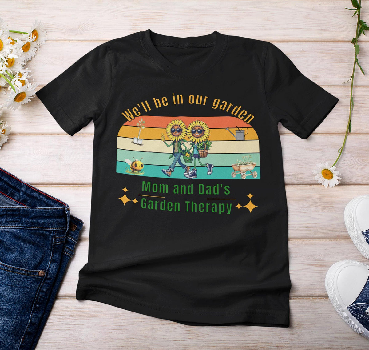Garden Therapy T Shirt Retro Hippy Sunflower Characters Plant Parent Gift Mom Dad Gardening Tee Free USA Shipping Graphic Tee – Feel-Good Design · Perfect For Daily Wear