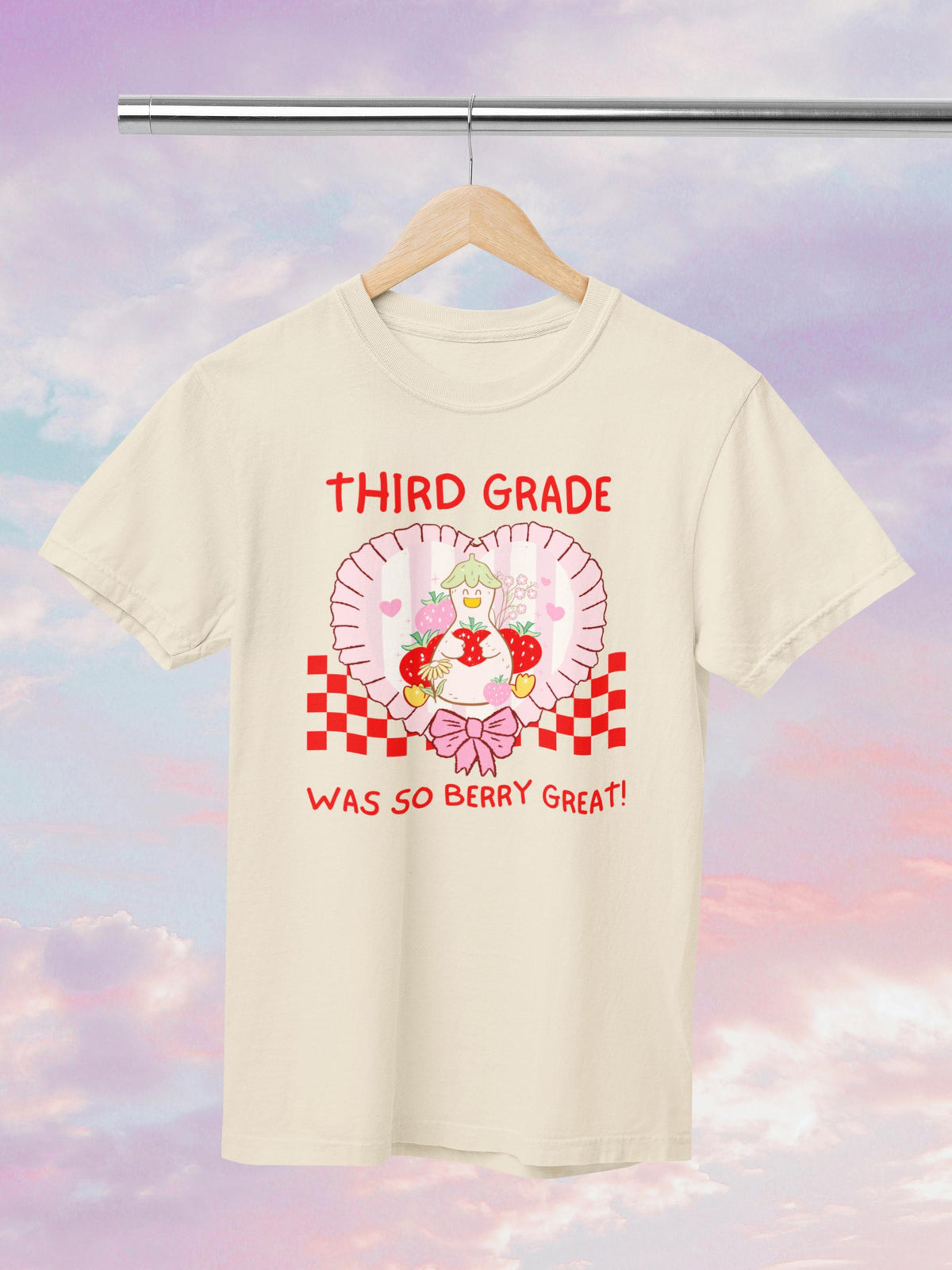 Third Grade Last Day of School Teacher Tee Shirt with Silly Goose Holding Strawberries in a Heart Cute Matching Third Grade Crew TShirt Graphic Tee – Feel-Good Design · Trending Graphic Apparel