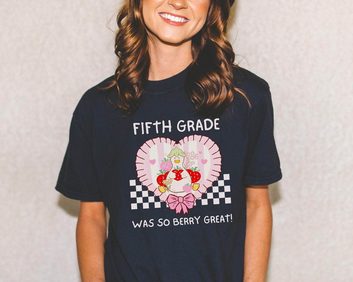 Fifth Grade Last Day of School Teacher Tee Shirt with Silly Goose Holding Strawberries in a Heart Cute Matching Fifth Grade Crew TShirt Graphic Tee – Warm & Stylish · Top Pick For Any Outfit