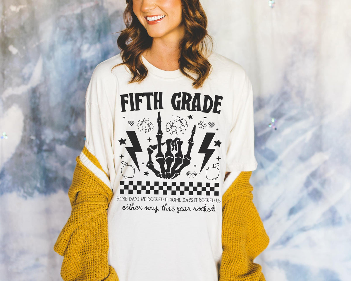 Last Day of School Fifth Grade Teacher Tee This Year Rocked Rocker Skeleton Shirt Fifth Grade Crew Teaching Assistant Class Dismissed Graphic Tee – Bold Style · Trending Graphic Apparel