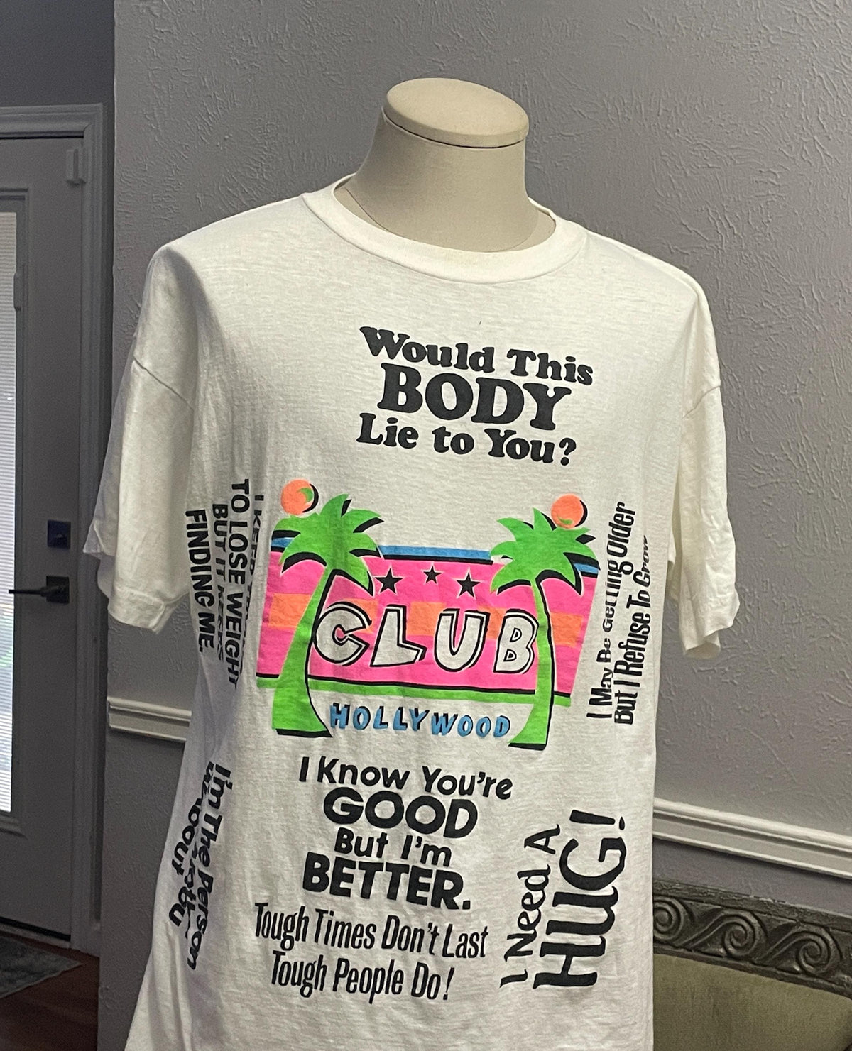 Vintage 90s Would This Body Lie To You Beach white Tshirt size XL Graphic Tee – Premium Graphic · High-Quality Print