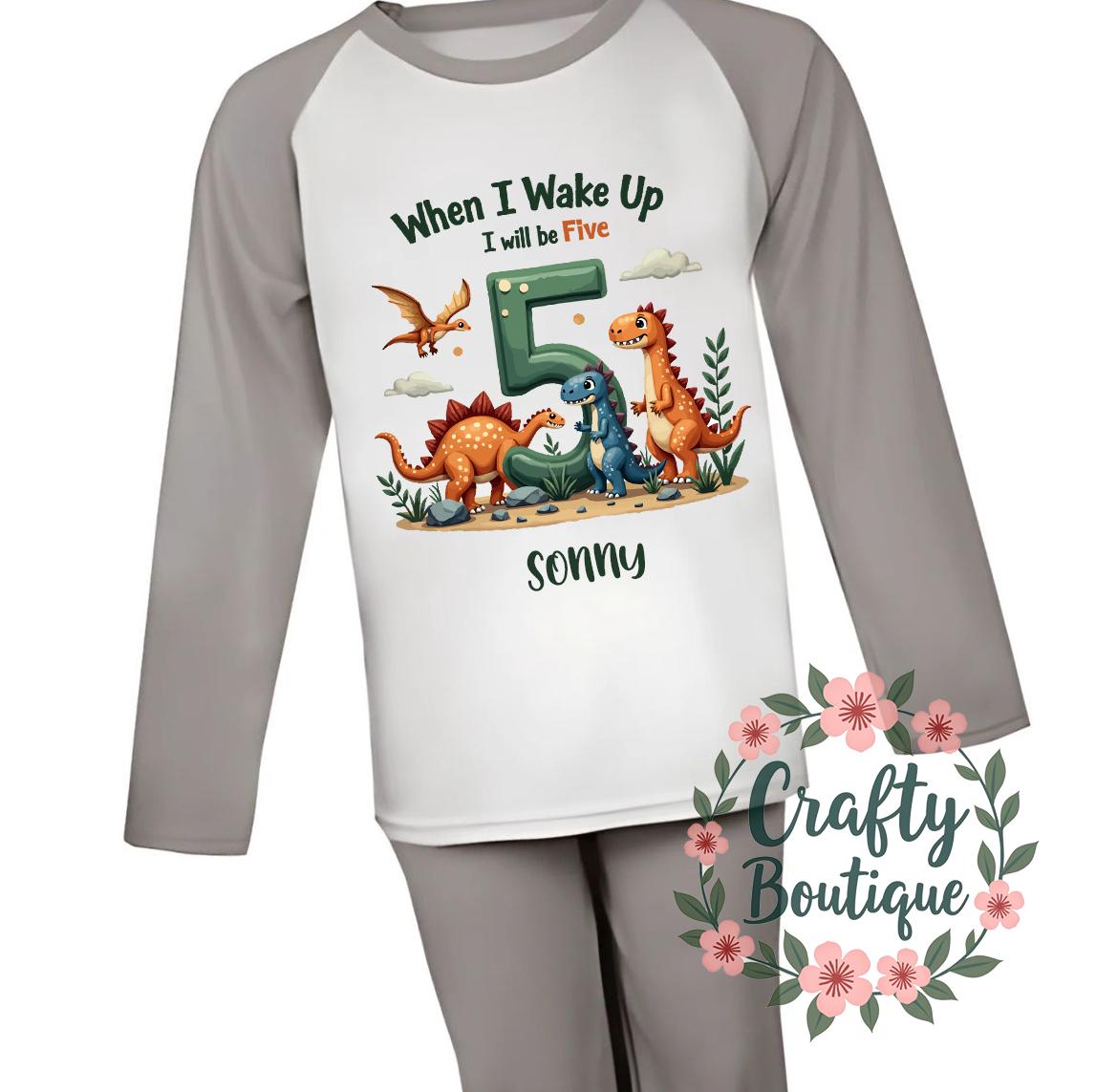 5th Birthday PJs When I Wake Up I Will Be Five Dinosaur Pajamas Fifth Birthday Gift Personalised Name Nightwear Dino Theme Roar 1216 Graphic Tee – Everyday Comfort · Top Pick For Any Outfit