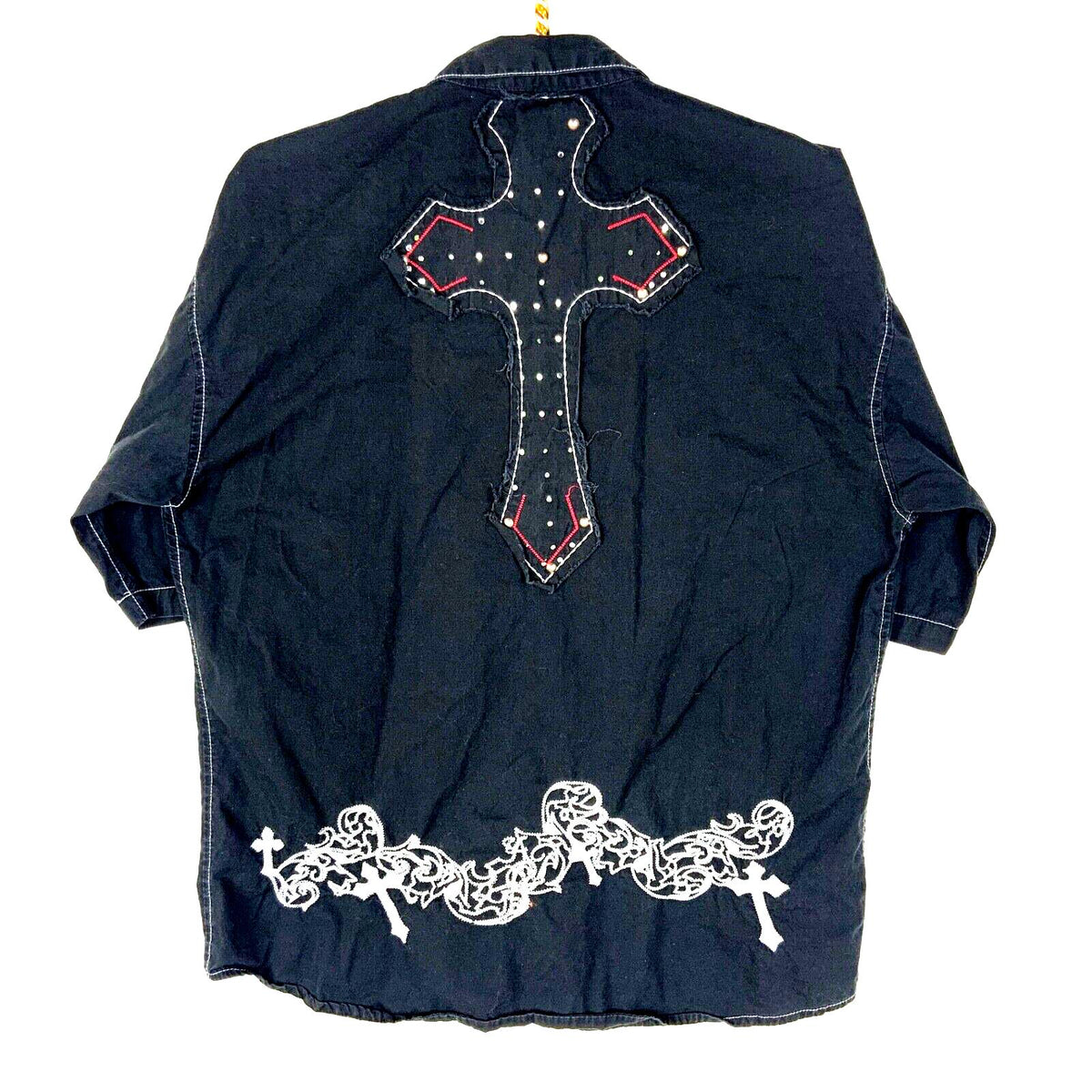 Vintage Y2K Cross Shirt Large Black Short Sleeve Button Up Embroidered Graphic Tee – Fan Favorite · Must-Have Style