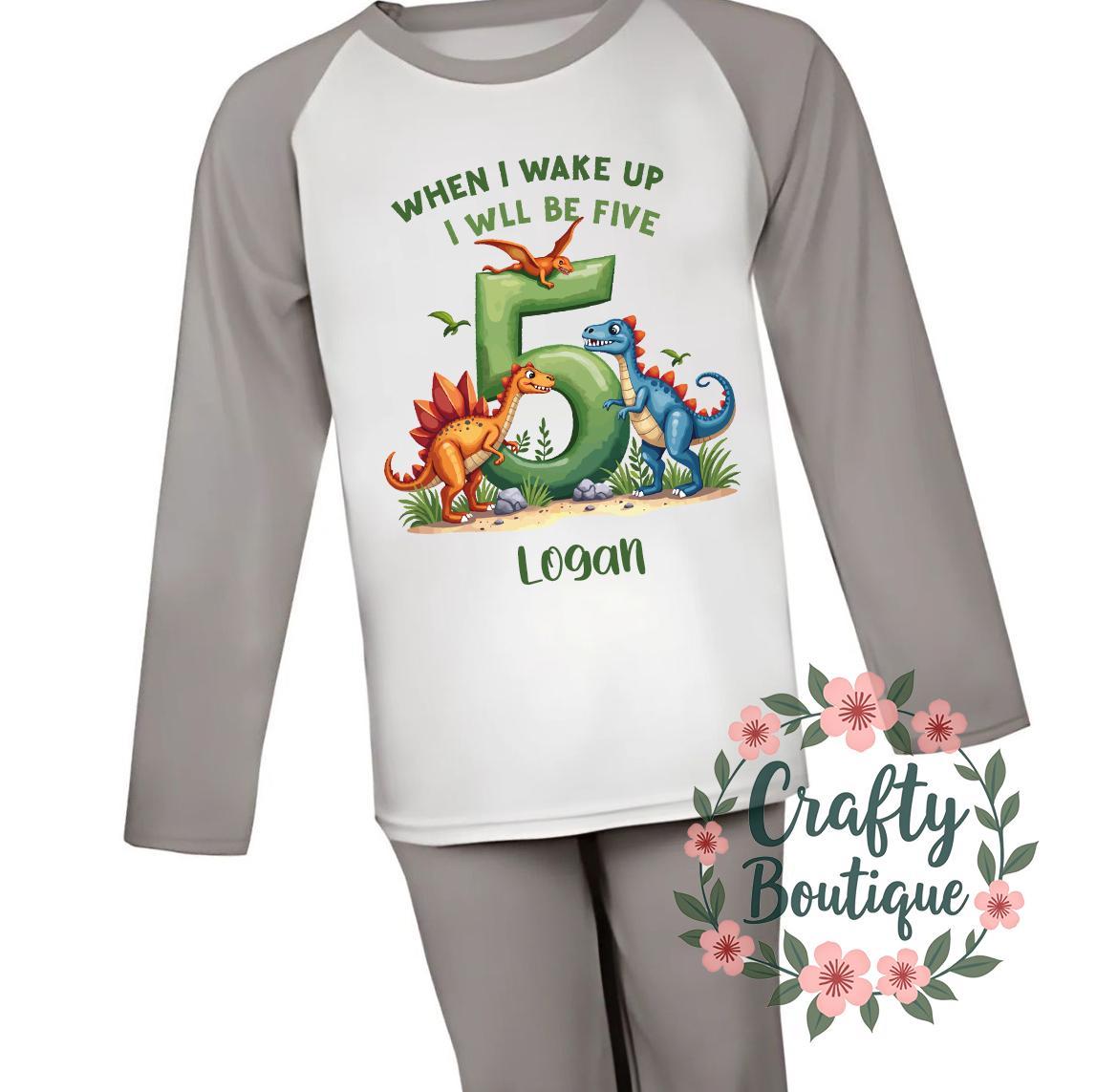 5th Birthday PJs When I Wake Up I Will Be Five Dinosaur Pajamas Fifth Birthday Gift Personalised Name Nightwear Dino Theme Roar 1214 Graphic Tee – Feel-Good Design · High-Quality Print