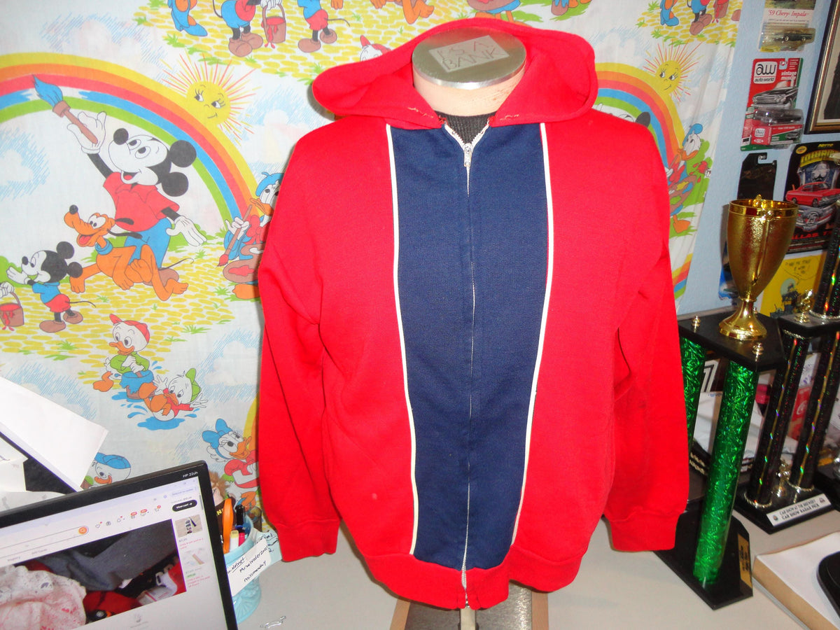 Vintage Late 7039s Early 8039s Red Navy Blue Zip Up Hoodie Track Sweatshirt Fits Size M Medium Hoodie – Easygoing Wear · High-Quality Print