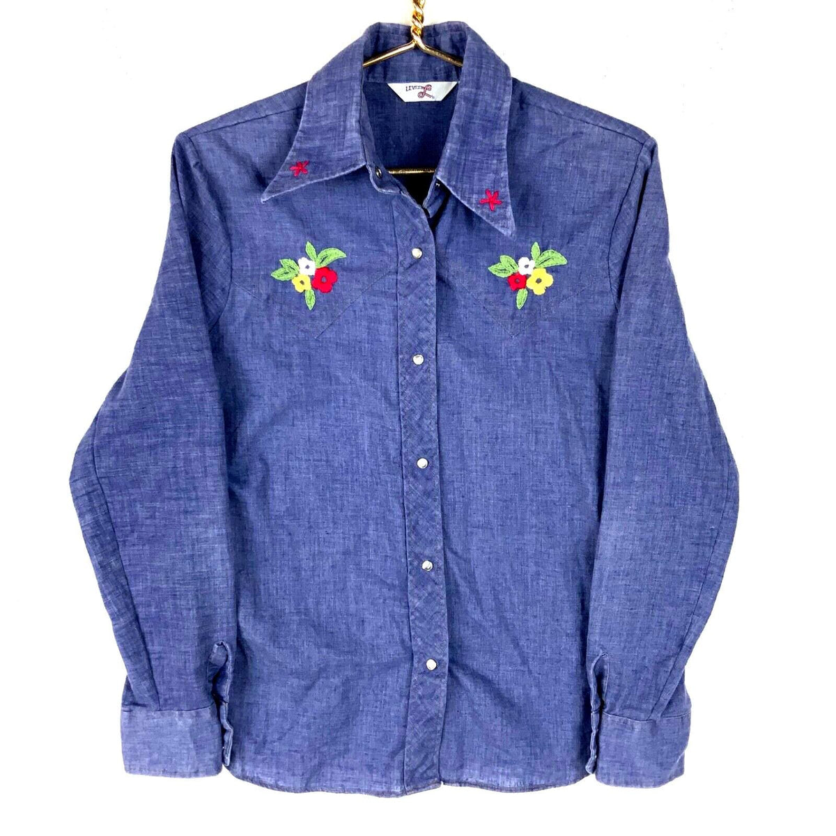 Vintage Levis 197039s Denim Shirt Small Blue Pearl Snap Embroidered Graphic Tee – Soft Feel · Perfect For Daily Wear