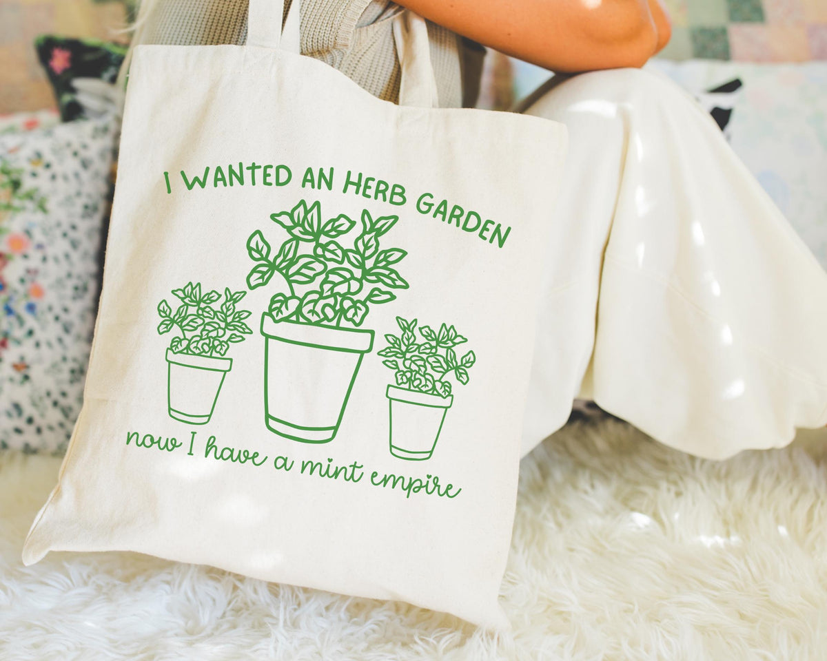 Funny Gardening Tote Bag for Garden Lover Who Grows Too Much Mint Silly Herb Garden Humor Tote Bag for Daughter or Grandma Who Gardens Tote Bag – Aesthetic Look · High-Quality Print