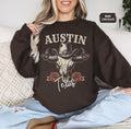 Austin Texas Sweatshirt Western Ranch Clothing Cow Skull Country Jumper Boho Desert Style Top Austin Bull Skull Pullover Southwest Sweatshirt – Fan Favorite · Great Gift For Fans