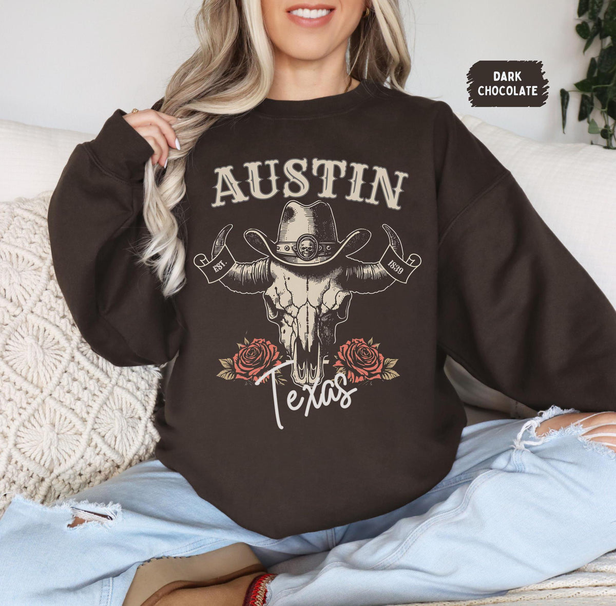 Austin Texas Sweatshirt Western Ranch Clothing Cow Skull Country Jumper Boho Desert Style Top Austin Bull Skull Pullover Southwest Sweatshirt – Fan Favorite · Great Gift For Fans