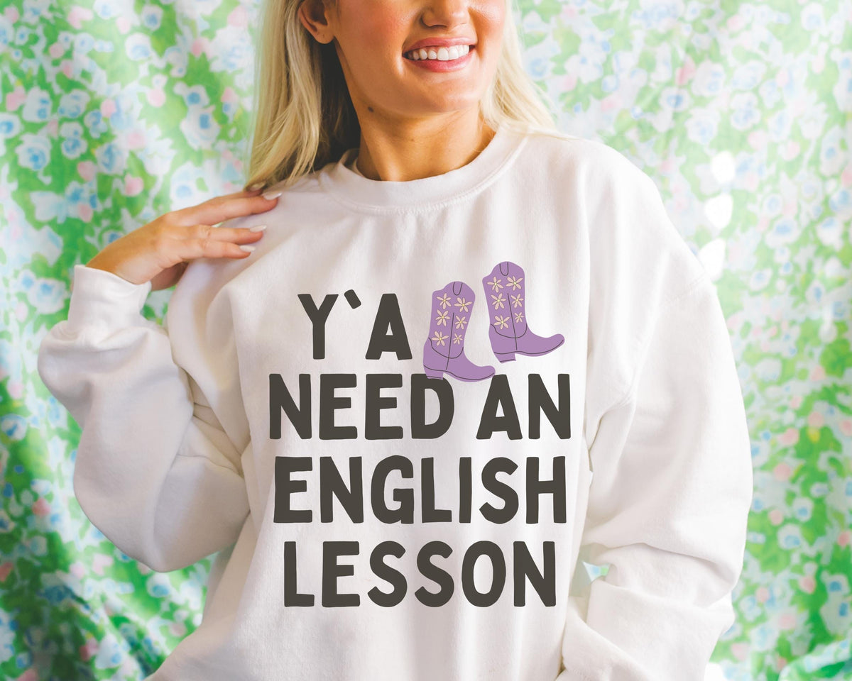 English Teacher Sweatshirt with Groovy Western Vibe Y39all Need an English Lesson Cute ELA Teacher Crewneck Funny Literacy Professor Shirt Sweatshirt – Warm & Stylish · Top Pick For Any Outfit