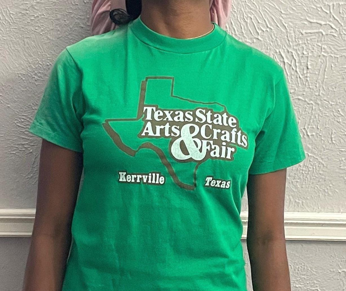 Vintage 80s Texas State Arts And Crafts Fair Kerrville Texas green Tshirt modeled size M Graphic Tee – Soft Feel · Must-Have Style