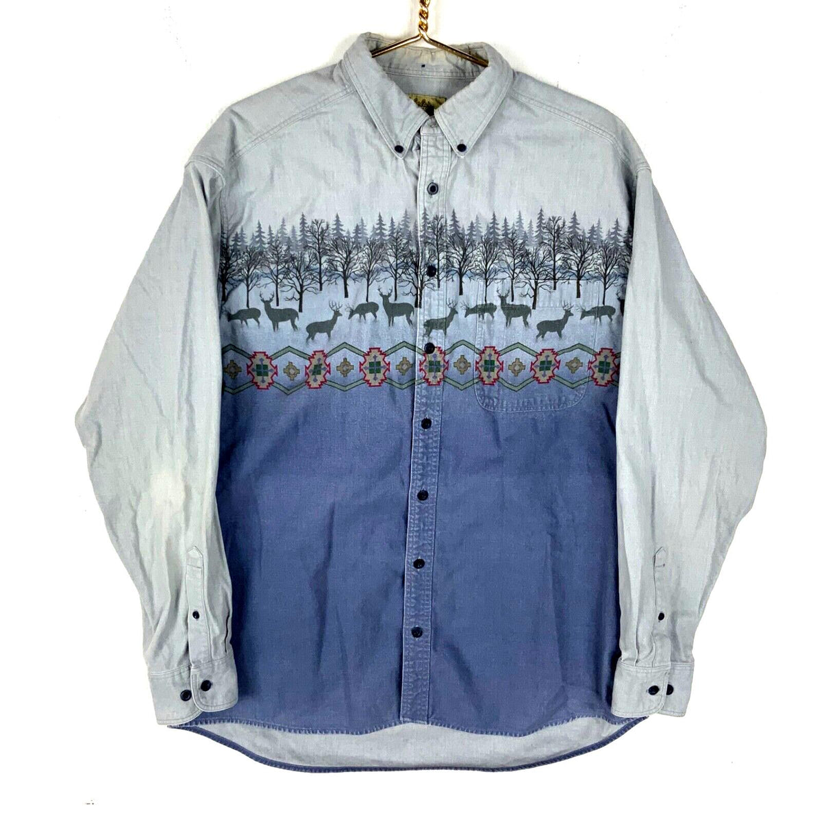 Vintage Cabelas Shirt XL Tall Blue Long Sleeve Button Up Deer Aztec Graphic Tee – Aesthetic Look · Top Pick For Any Outfit