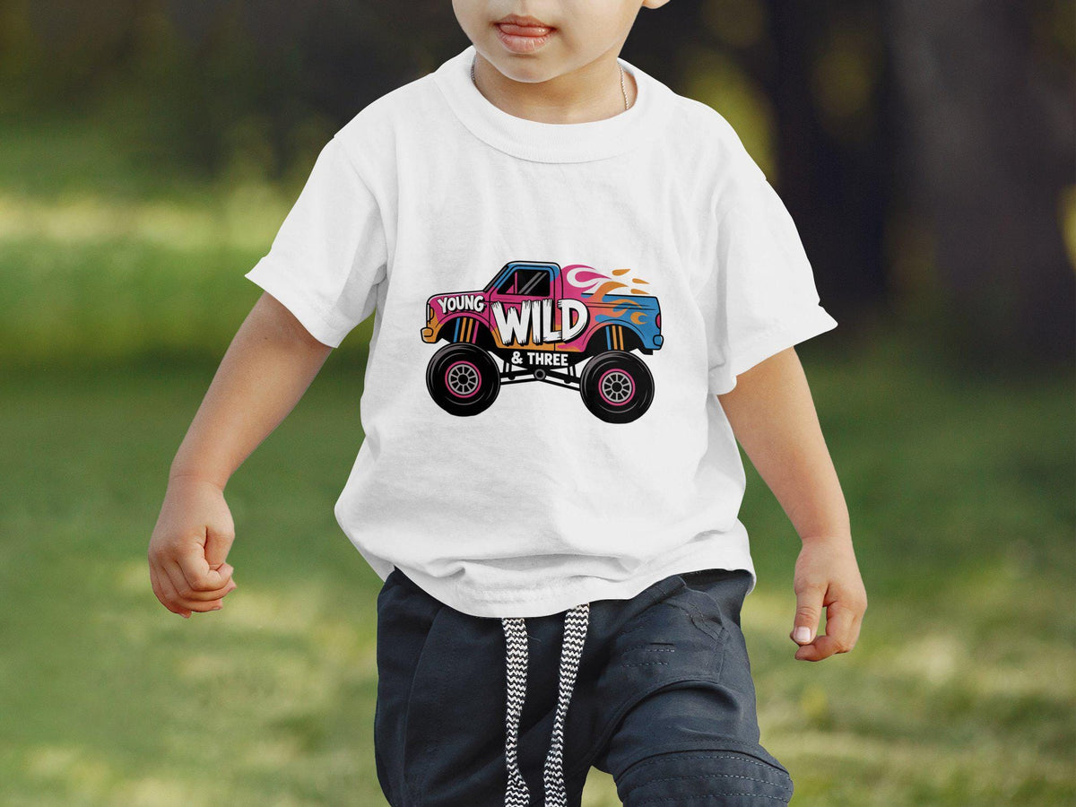 Young Wild and Three Monster Truck Birthday T Shirt Boys 3rd Birthday Shirt 3 Years Old Birthday Tee Fun Truck Party Shirt Kids Birthday Graphic Tee – Soft Feel · Trending Graphic Apparel