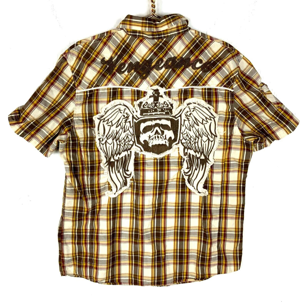 Vintage Y2K Plaid Shirt XL Snap Button Epic Hero Skull And Wings Plaid Graphic Tee – Bold Style · High-Quality Print